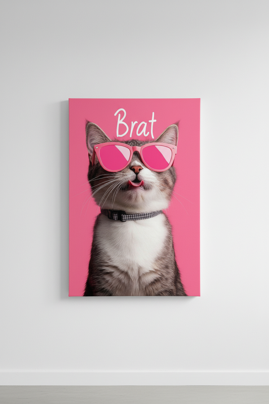 40x60 cm 'Brat' Yazılı Pembe Gözlüklü Kedi Kanvas Tablo | Komik Kedi Sanatı