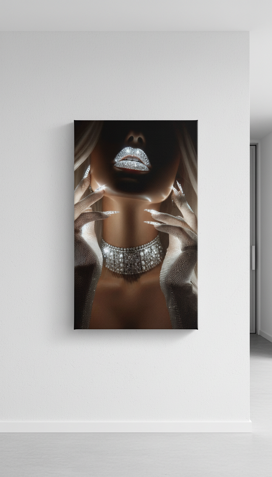 40x60 cm Elmas Parlaklığı Lüks Dudak Kanvas Tablo | Pırıltılı Güzellik Salonu Dekoru (23102)