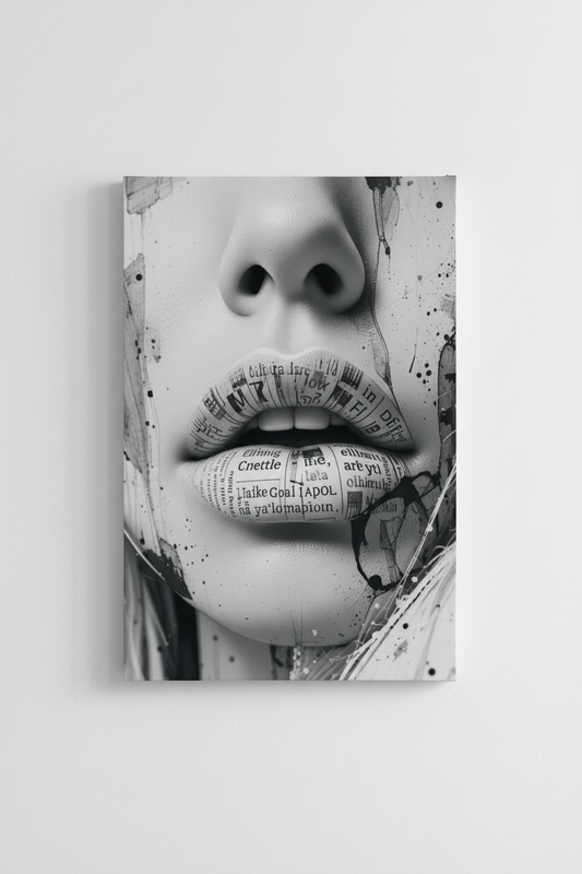 40x60 cm Gazete Yazılı Dudak Kanvas Tablo | Siyah Beyaz Sanat Dekoru