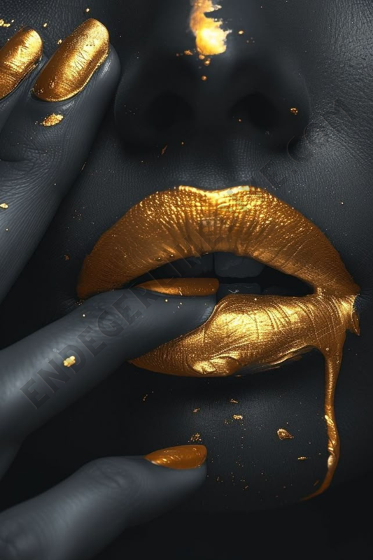 40x60 cm Akışkan Altın Dudak Kanvas Tablo | Siyah Mat Lüks Salon Sanatı