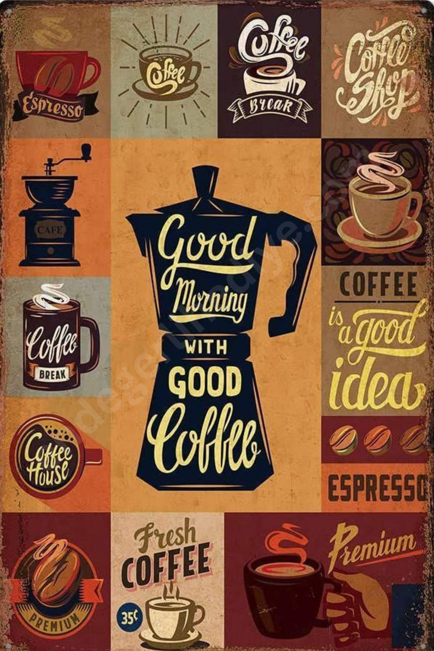 Good Morning With Good Coffee – Retro Kahve Kolajı Kafe Kanvas Tablo