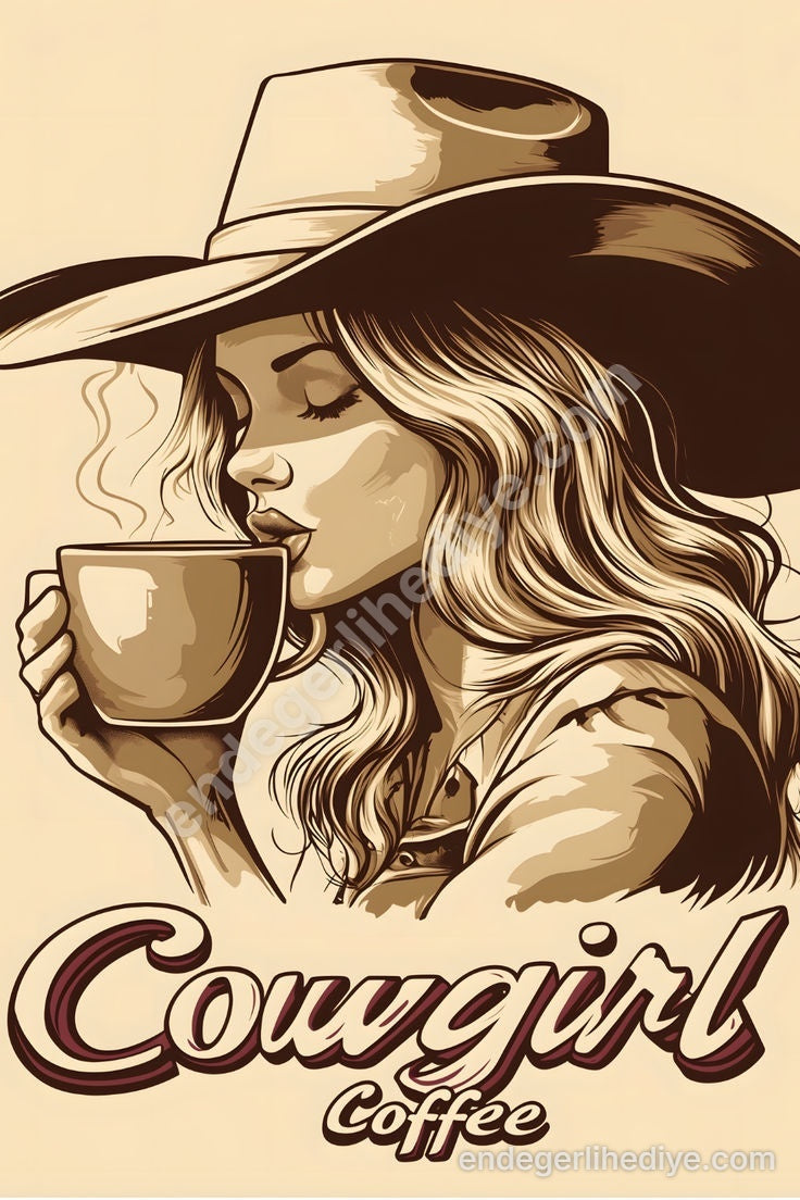 Vintage Kovboy Kız Kahve Keyfi Kanvas Tablo