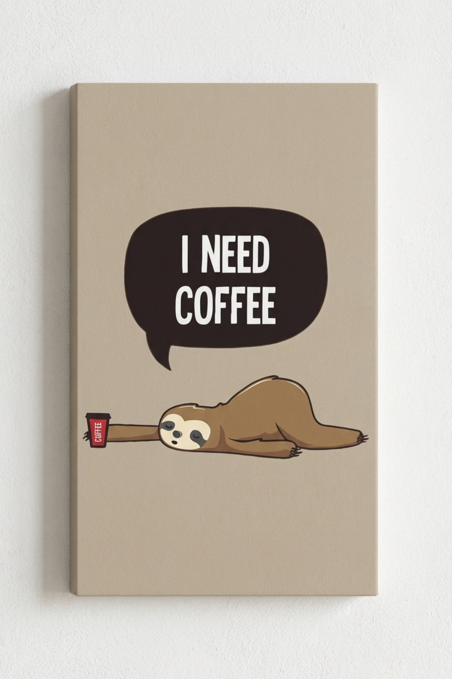 I Need Coffee – Tembel Hayvan Çizimli Eğlenceli Kafe Kanvas Tablo