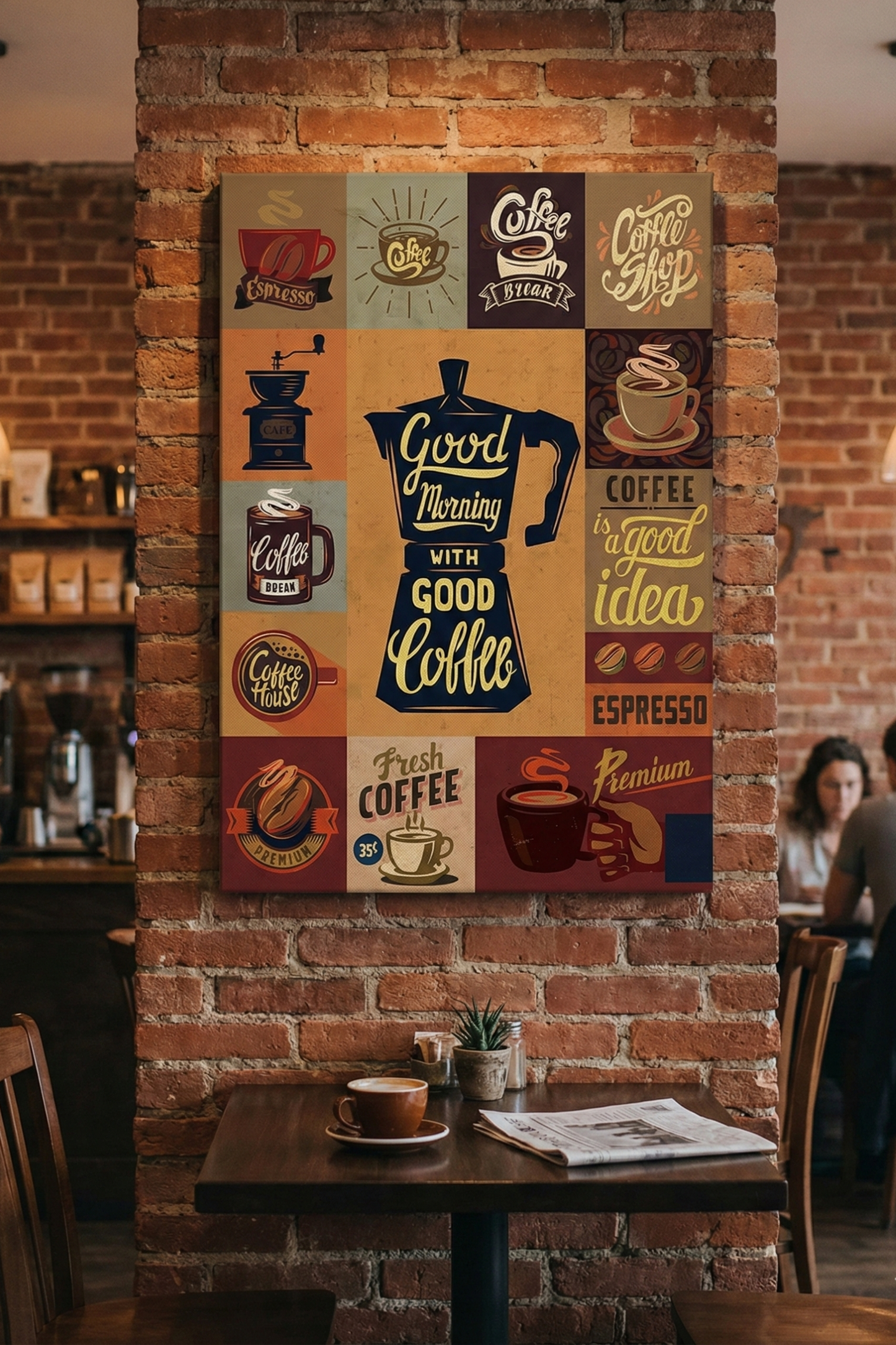 Good Morning With Good Coffee – Retro Kahve Kolajı Kafe Kanvas Tablo