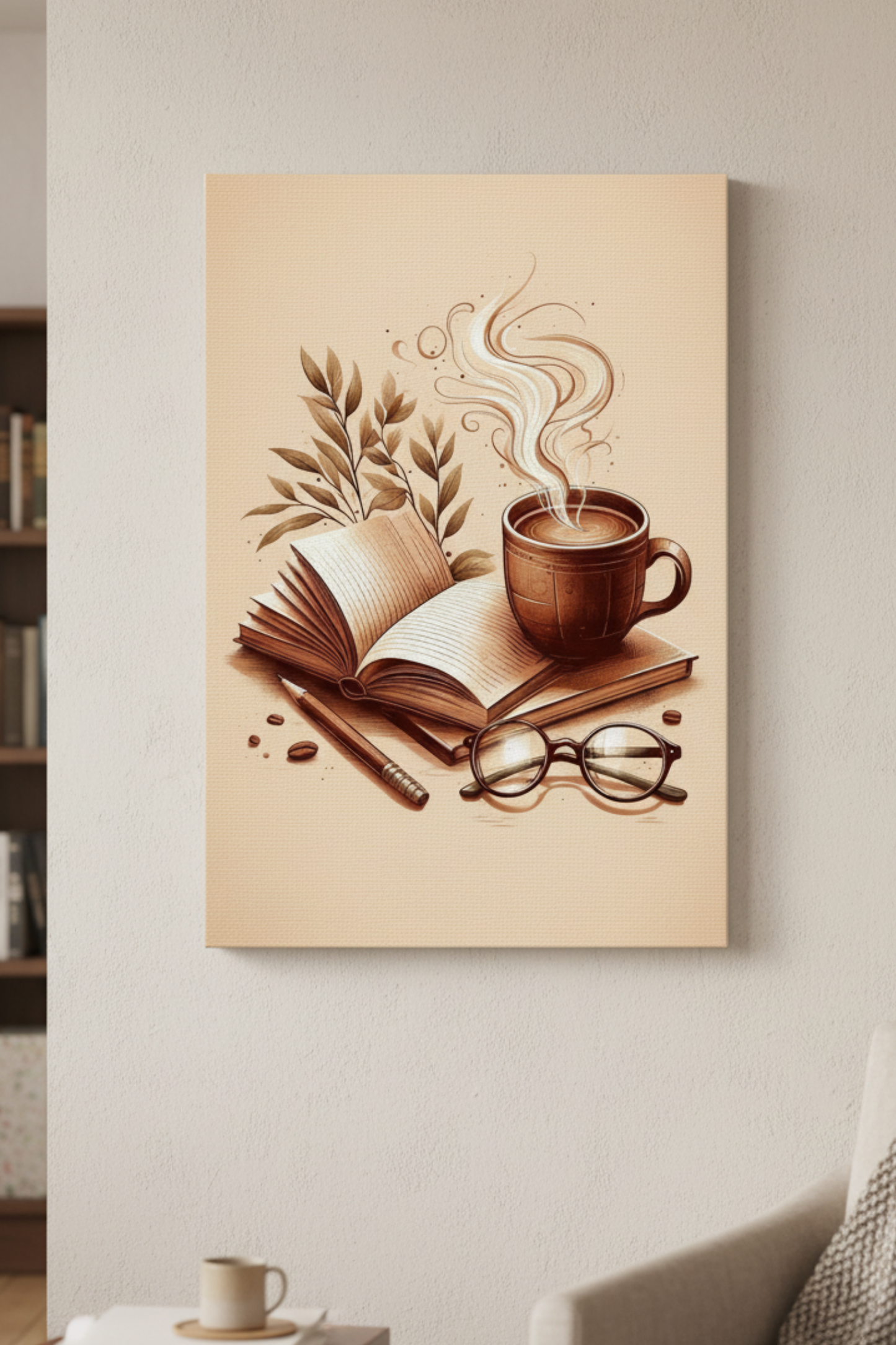 Kahve ve Kitap Huzuru – Sıcak Tonlu Sanatsal Kanvas Tablo