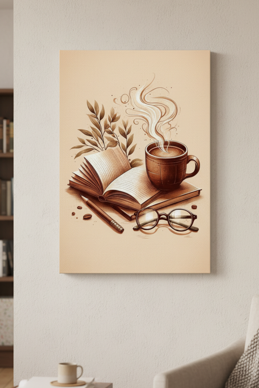 Kahve ve Kitap Huzuru – Sıcak Tonlu Sanatsal Kanvas Tablo