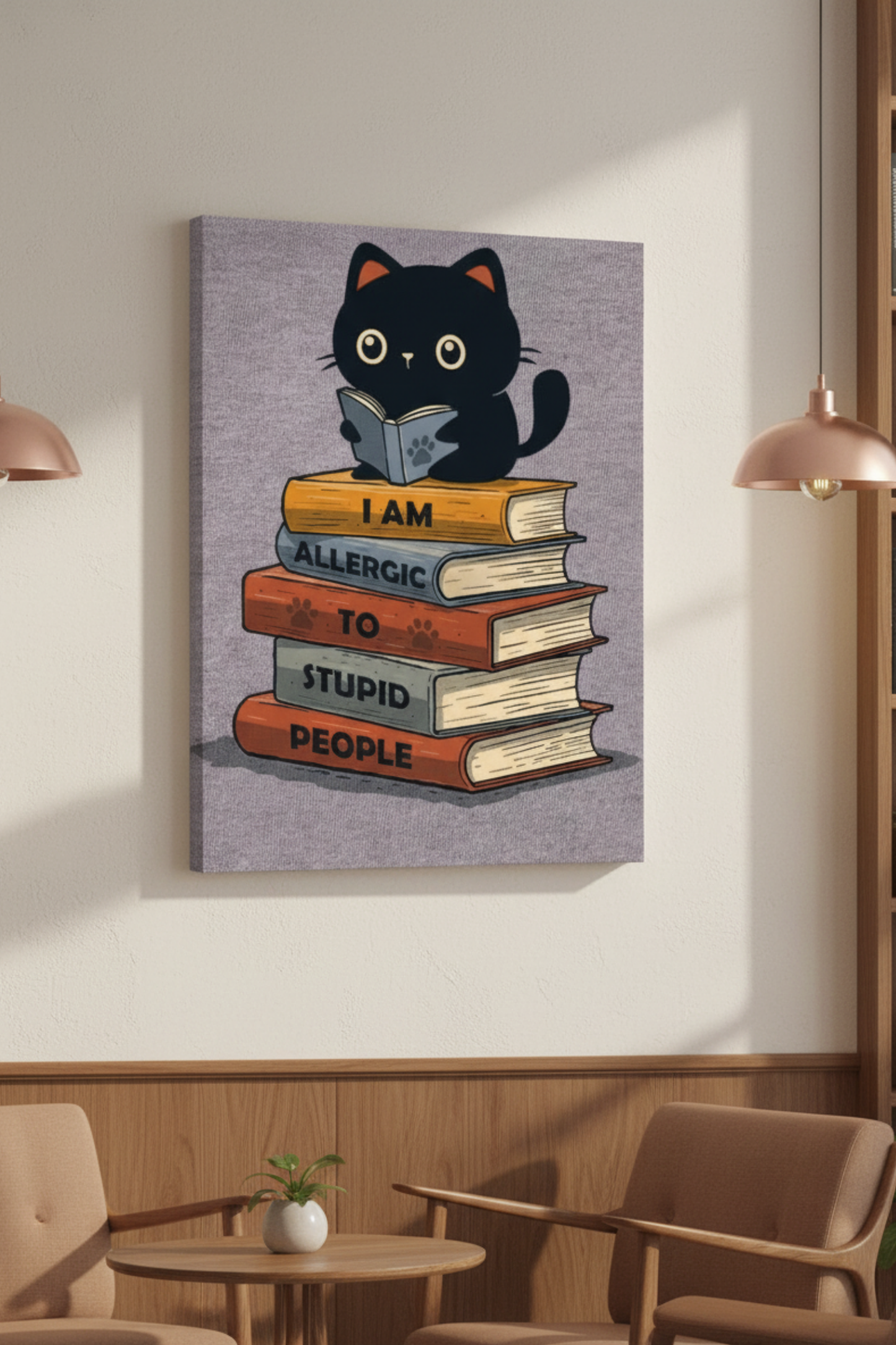Cute Black Cat & Book Stack – Komik Tipografik Kanvas Tablo