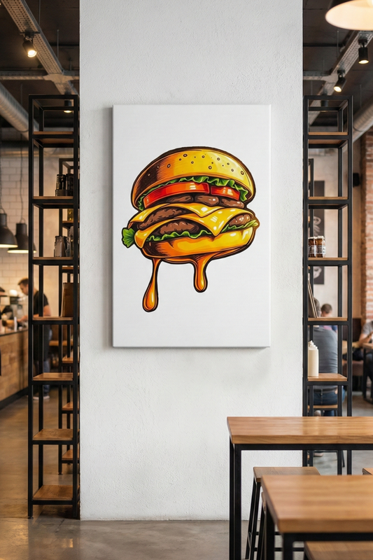 Çift Katlı Akışkan Cheddar Burger – İllüstrasyon Kanvas Tablo