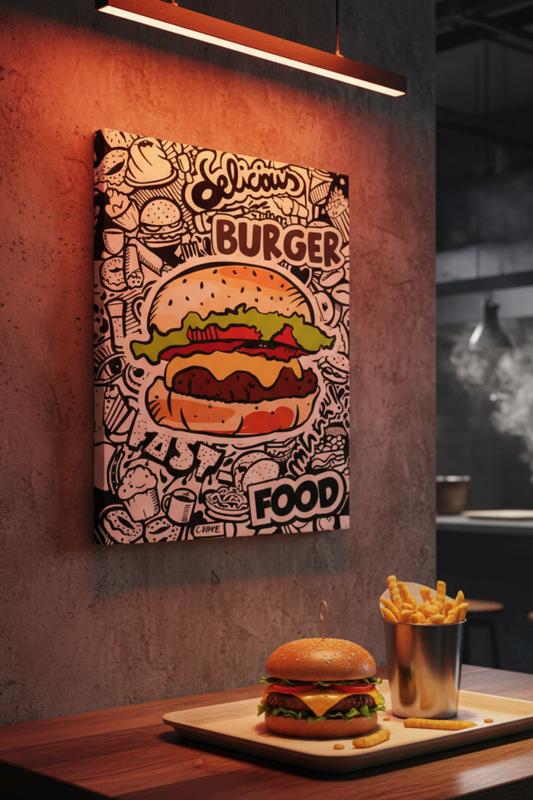Delicious Burger – Doodle Fast Food Kanvas Tablo