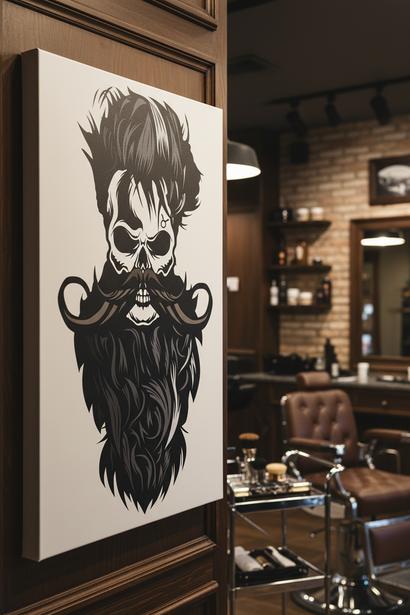 Barber Skull: Sakallı ve Bıyıklı Adam Kafatası Kanvas Tablo