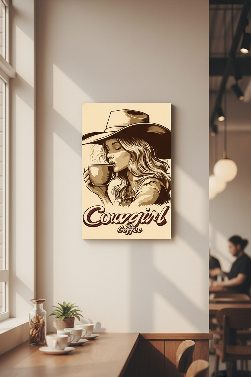 Vintage Kovboy Kız Kahve Keyfi Kanvas Tablo