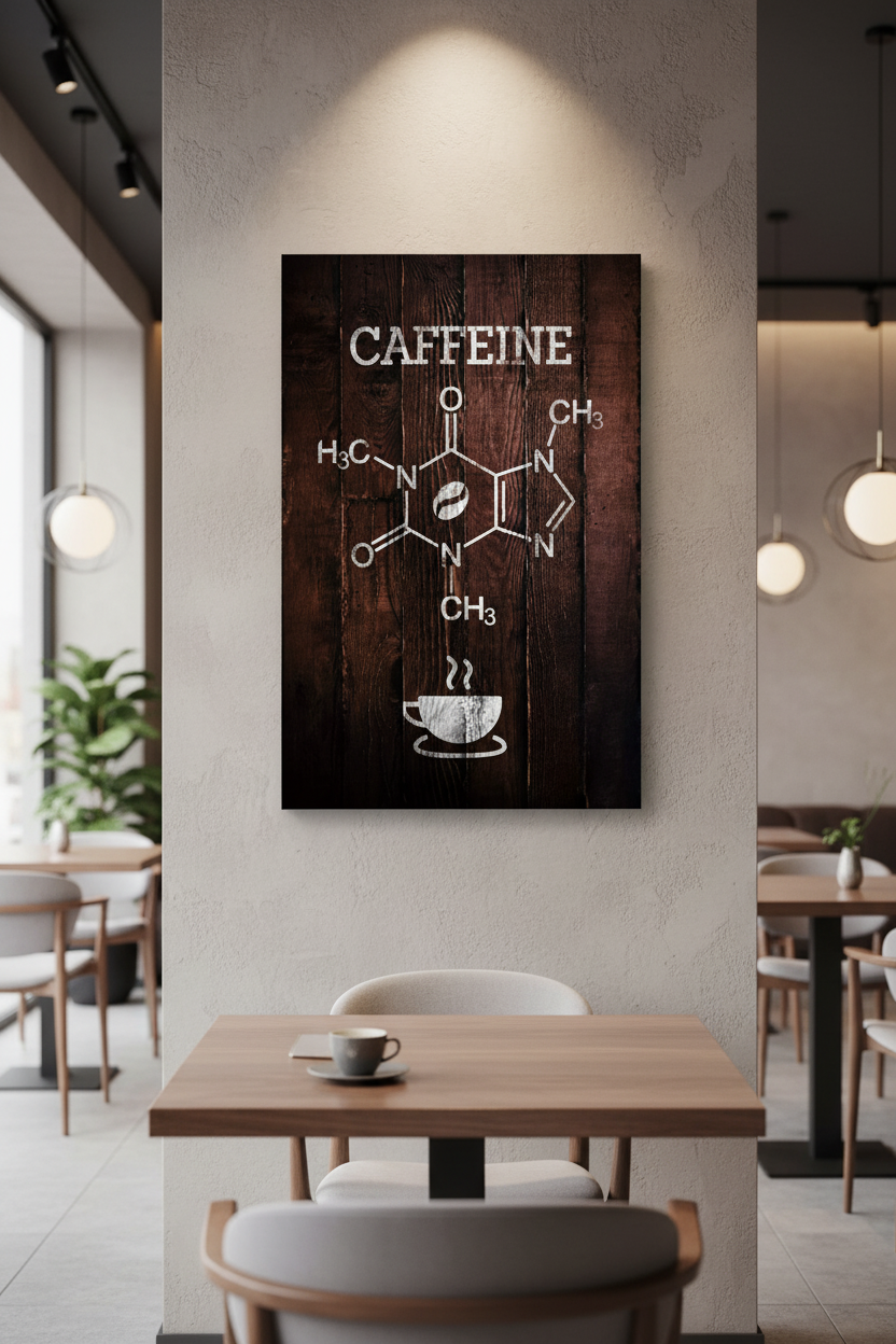 Kafein Molekülü ve Kahve Tutkusu Ahşap Kanvas Tablo