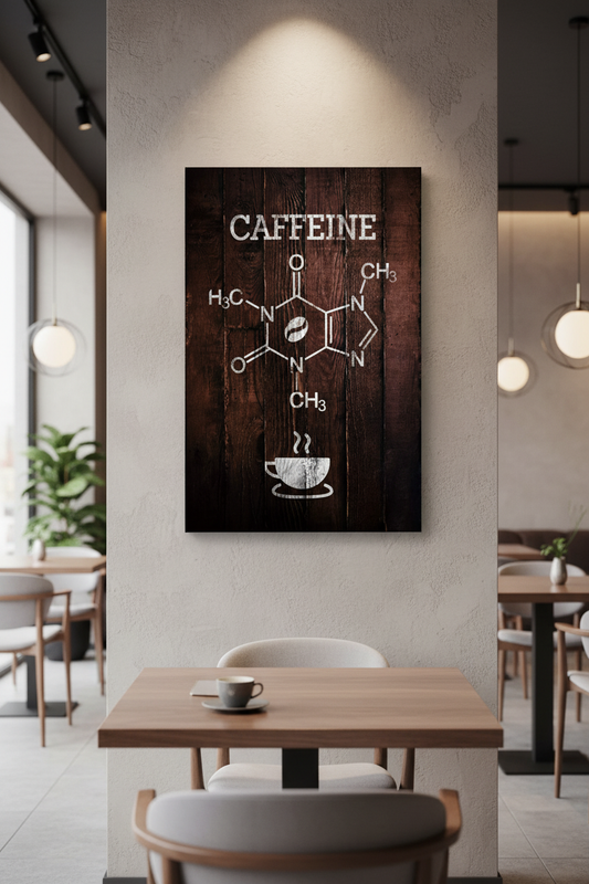 Kafein Molekülü ve Kahve Tutkusu Ahşap Kanvas Tablo