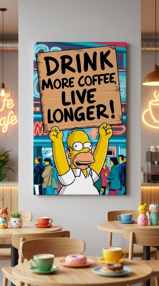 Drink More Coffee, Live Longer – Eğlenceli Çizgi Karakter Kanvas Tablo