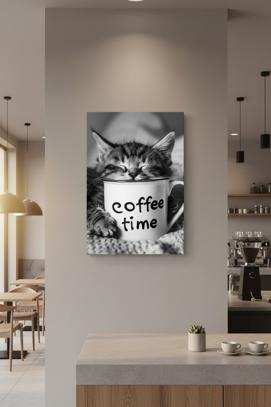 Kahve Keyfi Uyuyan Yavru Kedi Kanvas Tablo