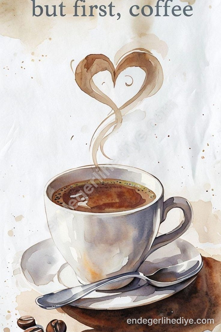 "Ama Önce Kahve" Sanatsal Suluboya Kanvas Tablo