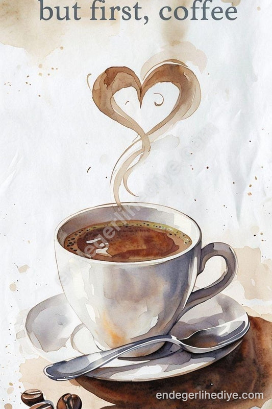 "Ama Önce Kahve" Sanatsal Suluboya Kanvas Tablo