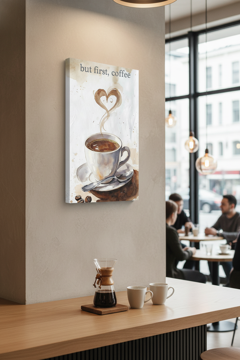 "Ama Önce Kahve" Sanatsal Suluboya Kanvas Tablo