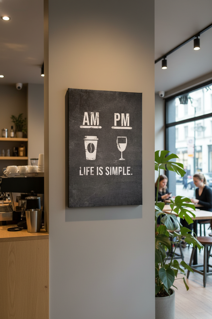 AM PM Kahve Şarap Hayat Basittir Kanvas Tablo