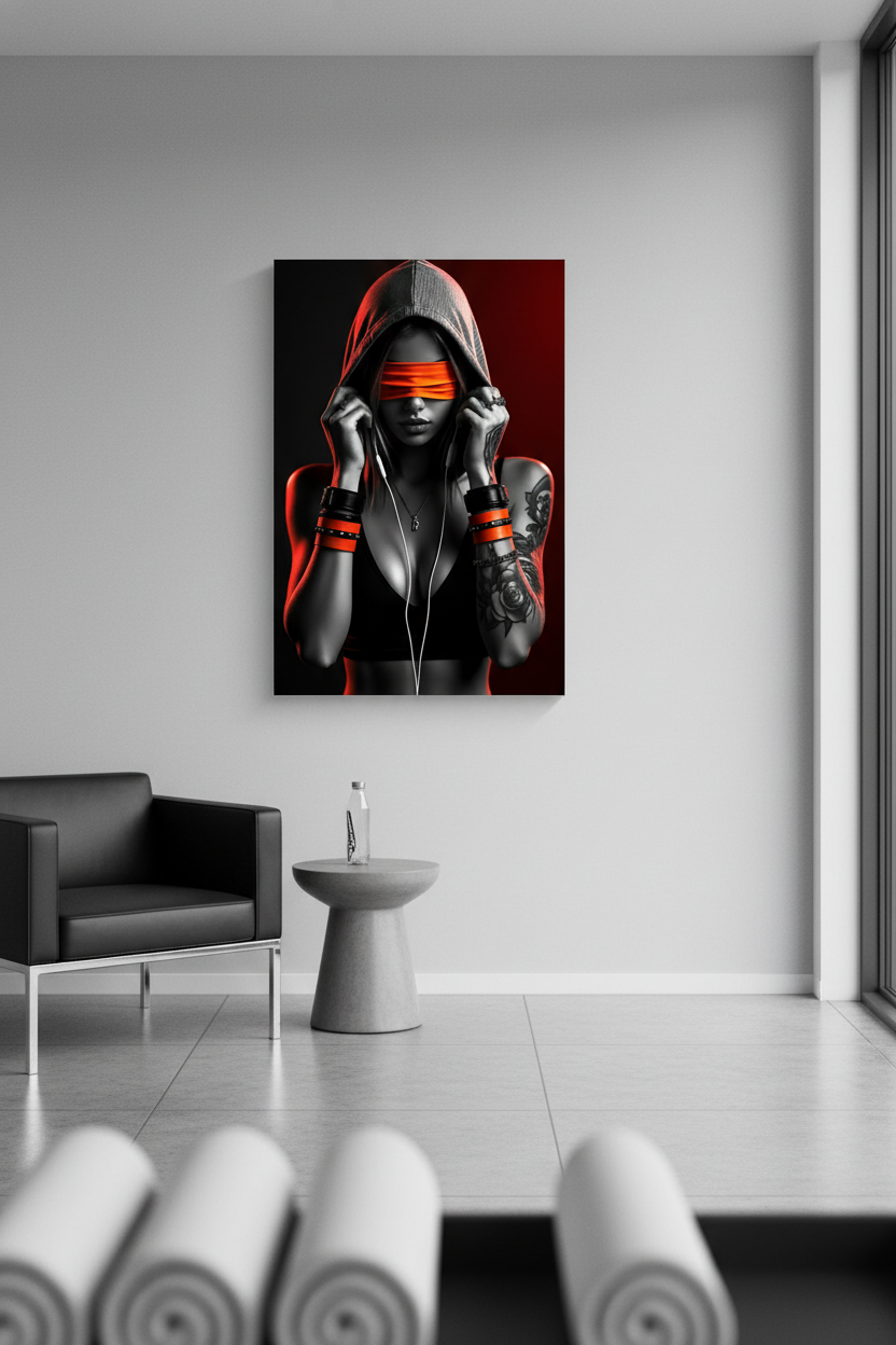 Gizemli Ritim: Kırmızı Işık ve Kapüşonlu Kız Kanvas Tablo