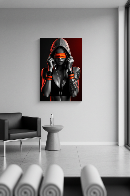 Gizemli Ritim: Kırmızı Işık ve Kapüşonlu Kız Kanvas Tablo